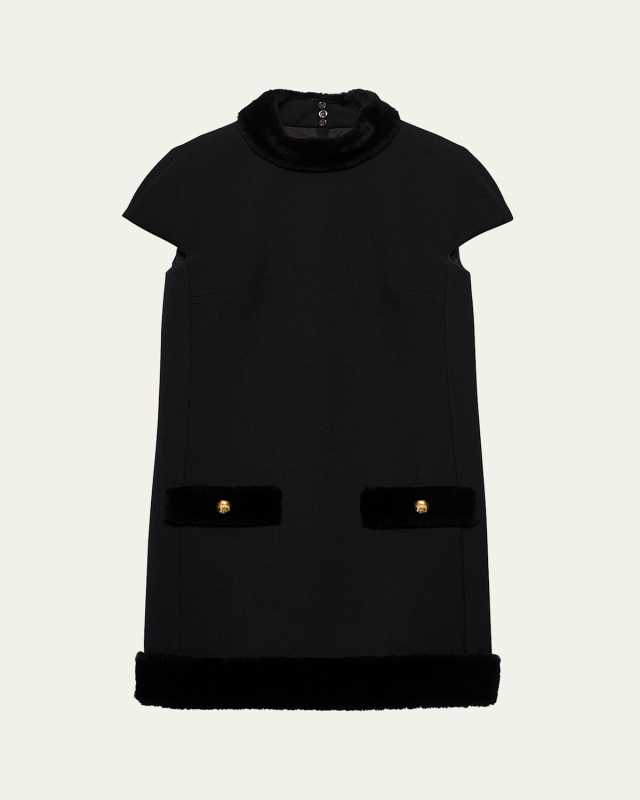 Natte Short Sleeve Shearling-Trim Mini Dress